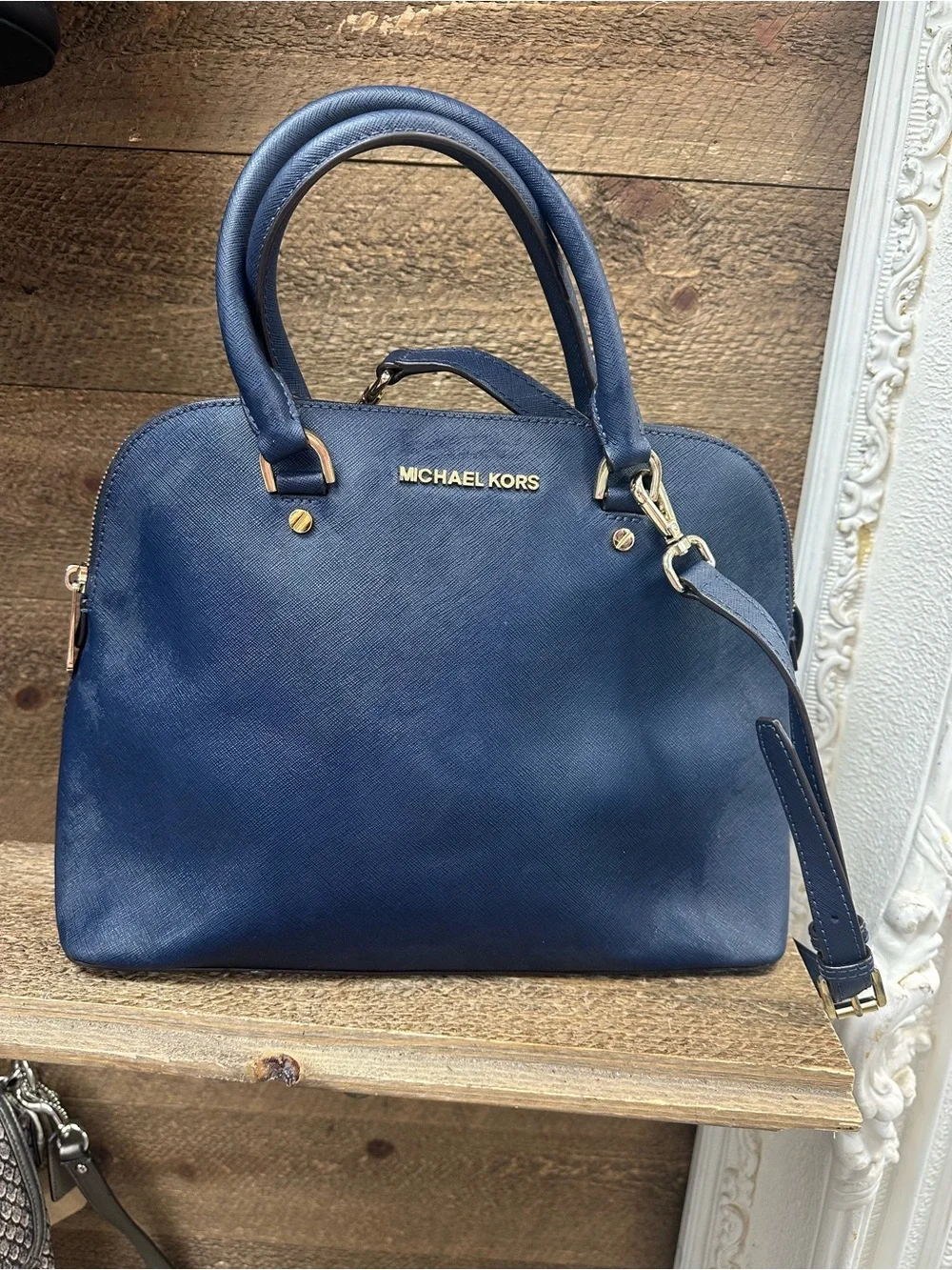 Michael Kors Navy Dome Satchel with Gold Hardware